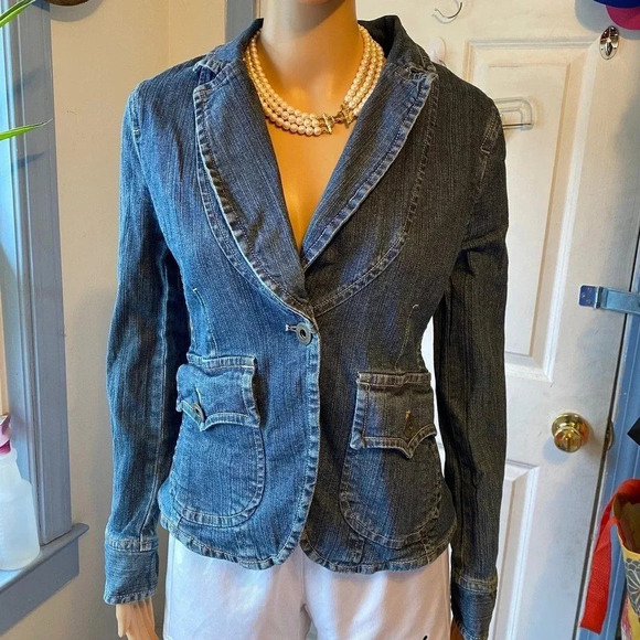 Vintage Y2K Tom Boy Denim Blazer Jacket Women Size S Pockets - Picture 1 of 7